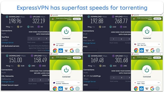 ExpresssVPN speed test results on several servers while streaming Kodi