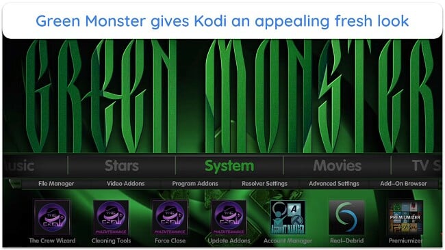 Home page of Green Monster Kodi Build.