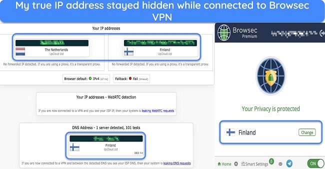 Screenshot showing Browsec's Firefox add-on with Finland server and no data leaks
