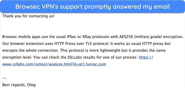 Screenshot showing my query response from Browsec VPN support