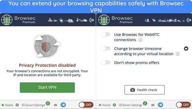 Screenshot showing the user interface for the Browsec browser extension