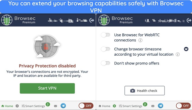 Screenshot showing the user interface for the Browsec browser extension