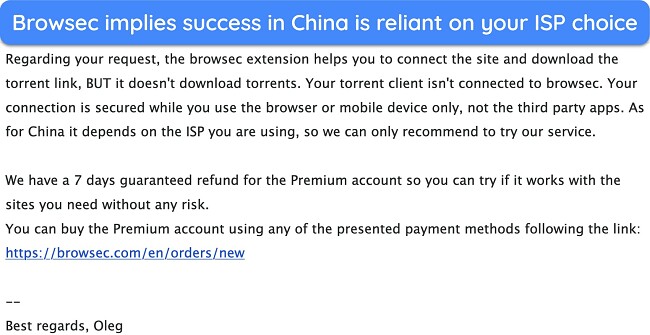 Screenshot showing my conversation with Browsec Support about its functionality in China