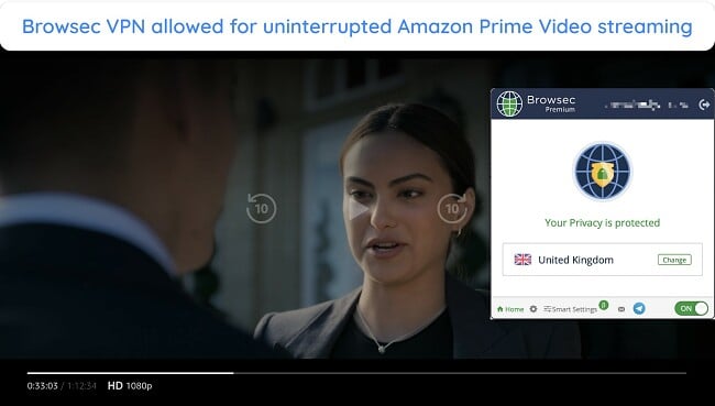 Screenshot showing Browsec VPN enabling Amazon Prime Video streaming