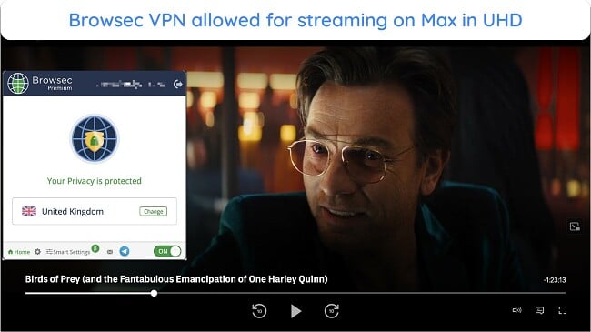 Screenshot showing Browsec VPN actively streaming Max content