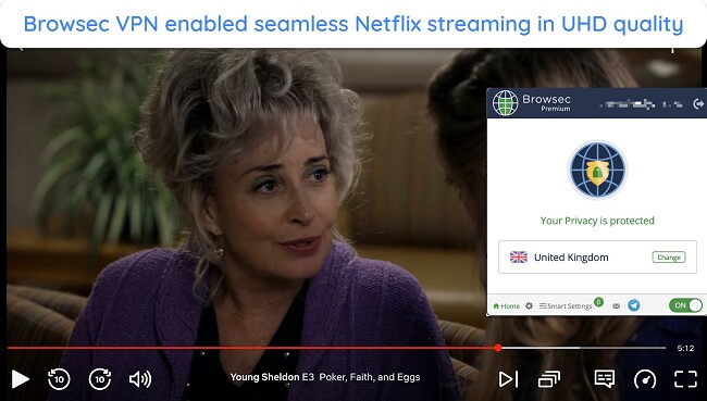 Screenshot showing Browsec VPN successfully streaming Netflix content