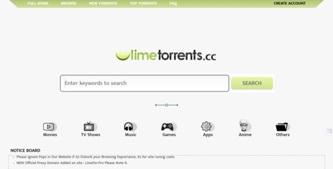 Screenshot of LimeTorents' homepage