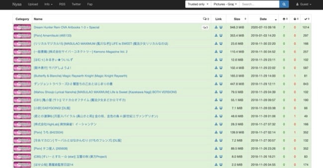 Screenshot of Nyaa homepage with searches for graphic images