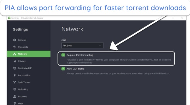 Screenshot of PIA's port forwarding feature
