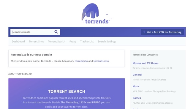 Screenshot of Torrends' homepage