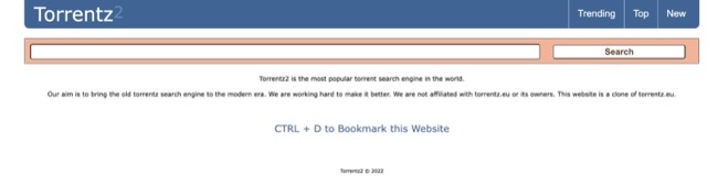 Screenshot of Torrentz2 homepage