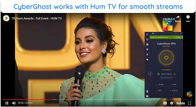 Screenshot of Hum TV streaming on YouTube while connected to a CyberGhost VPN server in Pakistan