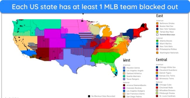 Screenshot of a map of MLB blackouts throughout the US