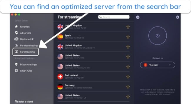 Screenshot of CyberGhost's list of streaming-optimized servers on its Mac app