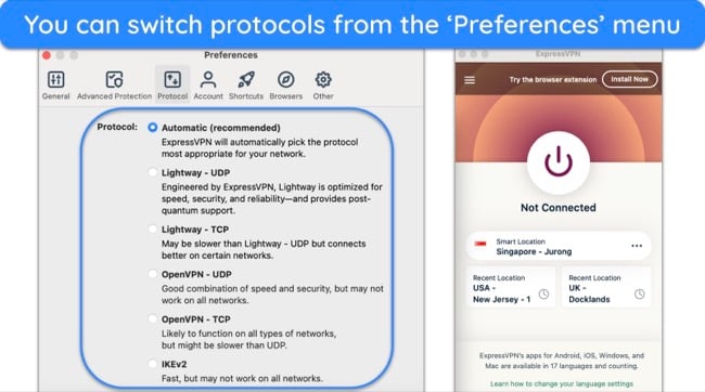 Screenshot of ExpressVPN's list of protocols in its Preferences menu on its Mac app