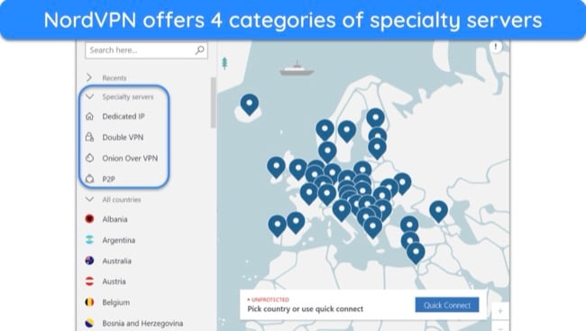 Screenshot of NordVPN's list of specialty servers on its Windows app's main menu