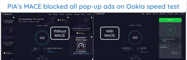 Screenshot of PIA's MACE blocking pop-up ads on Ookla speed test site