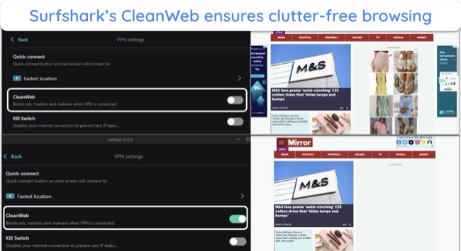 Screenshot of Surfshark's CleanWeb ad blocker blocking pop-up ads on a news site