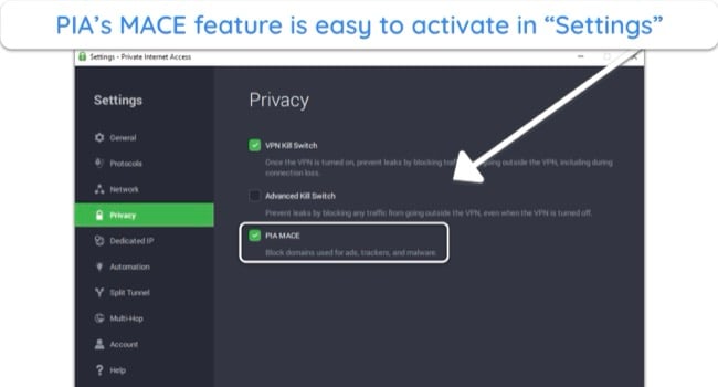 Screenshot of PIA's MACE feature in Settings