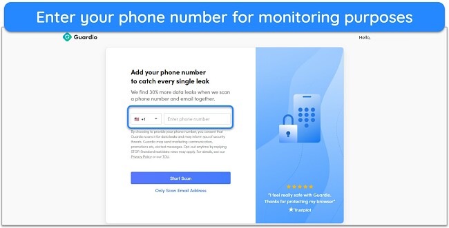 Screenshot of Guardio asking for a phone number for ID monitoring