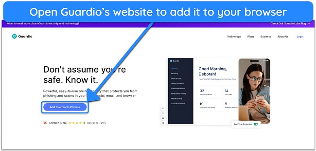 Screenshot showing how to install Guardio's extension via the official website