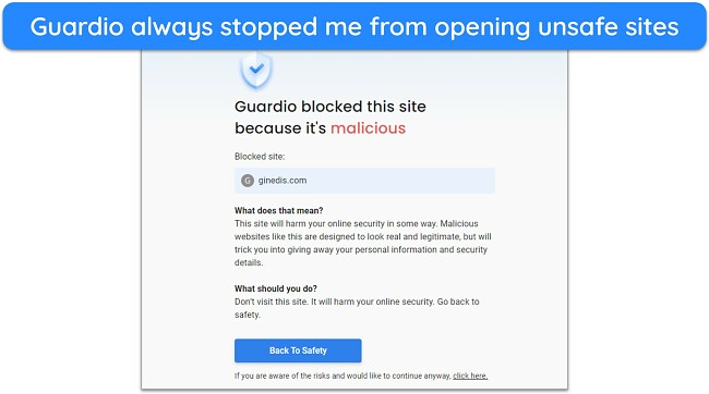 Screenshot of Guardio blocking an unsafe website
