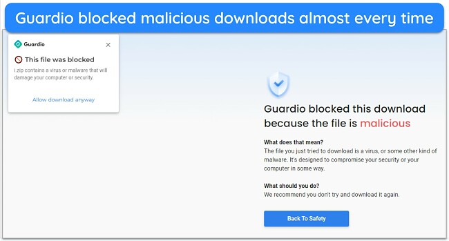 Screenshot of Guardio blocking a malicious download