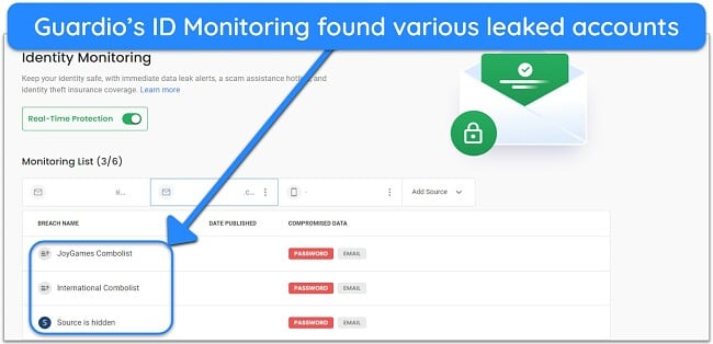 Screenshot of Guardio highlighting the breaches that compromised my accounts