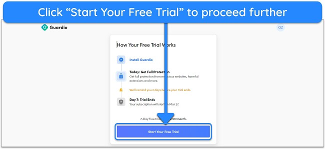 Screenshot showing Guardio's free trial option
