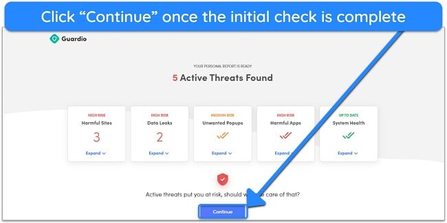 Screenshot of Guardio's initial checkup scan results