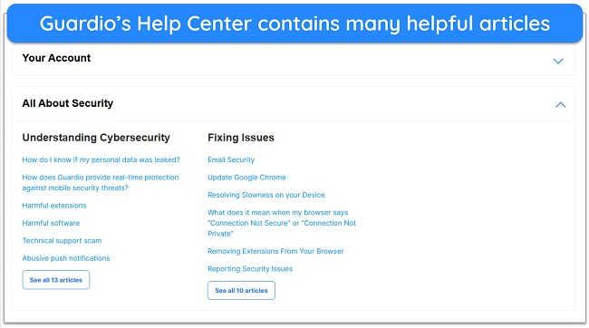 Screenshot of some of the support articles available in Guardio's Help Center