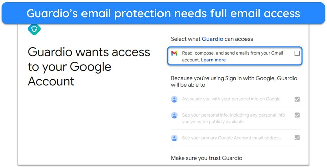 Screenshot of Guardio's email security feature asking for full email access