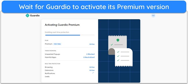 Screenshot of Guardio activating its Premium plan after completing the sign-up process