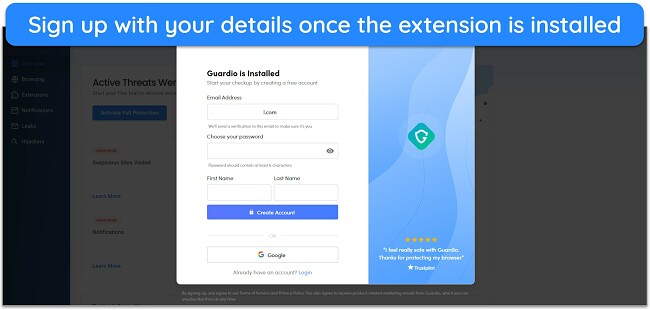 Screenshot showing how to sign up for Guardio after installing its extension