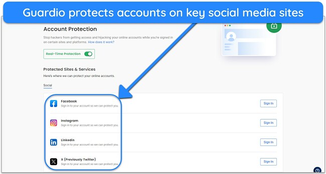 Screenshot showing the websites Guardio offers account protection for