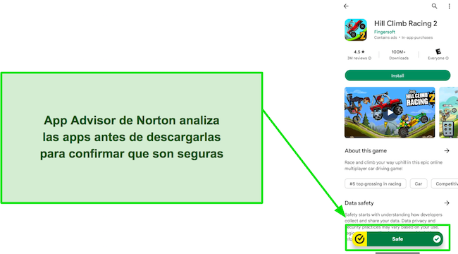 Captura de pantalla del App Advisor de Norton que destaca que una aplicación es segura