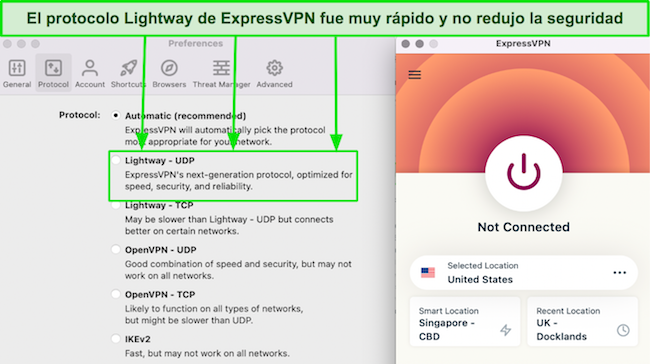 Captura de pantalla de la lista de protocolos de ExpressVPN