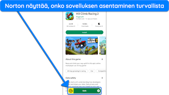 Näyttökaappaus Nortonin App Advisorista, joka korostaa sovelluksen, joka on turvallinen asentaa