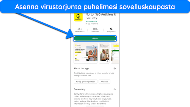 Näyttökuva Nortonin asentamisesta Google Play -kaupan kautta