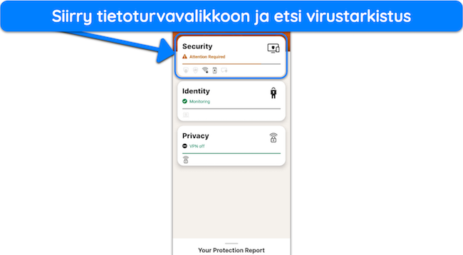 Näyttökaappaus, joka näyttää, kuinka pääset Nortonin suojausvalikkoon
