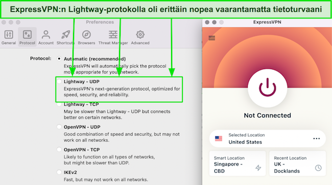 Kuvakaappaus ExpressVPN:n protokollaluettelosta