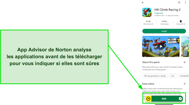 Capture d'écran de Norton's App Advisor soulignant qu'une application est sûre