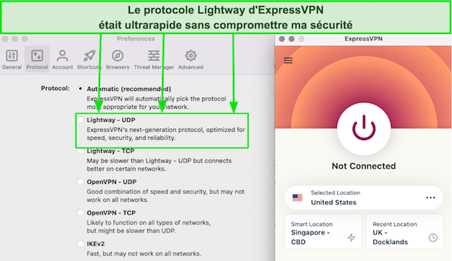 Capture d'écran de la liste des protocoles d'ExpressVPN