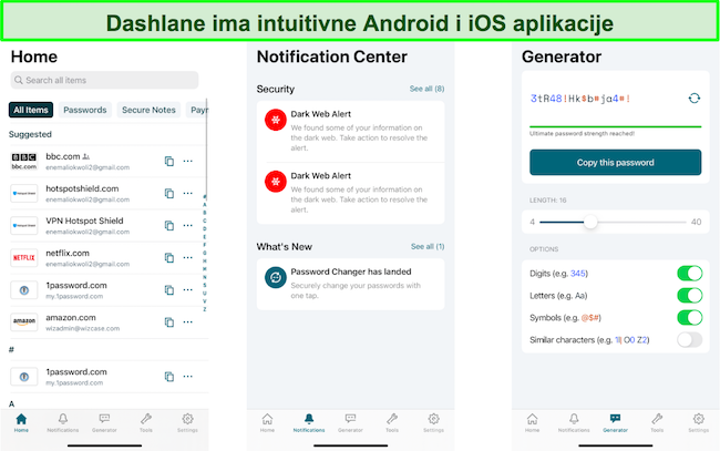 Snimka zaslona sučelja mobilne aplikacije Dashlane