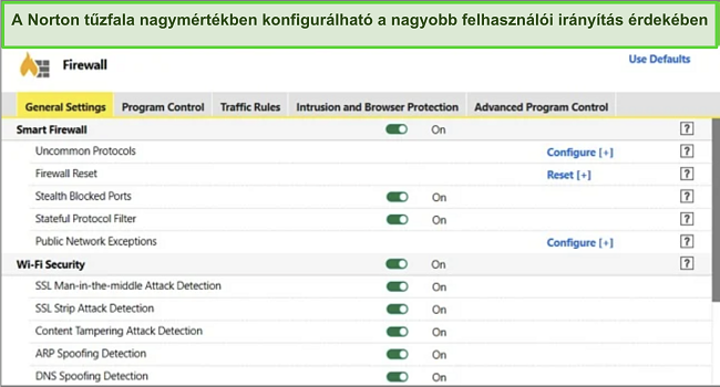 Norton biztonsági tűzfalról készült kép, nagyon konfigurálható