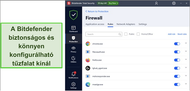 Bitdefender tűzfal felületének képe