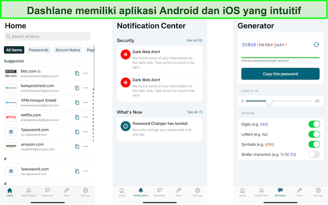 Tangkapan layar antarmuka aplikasi seluler Dashlane