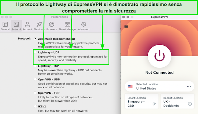 Screenshot dell'elenco dei protocolli di ExpressVPN