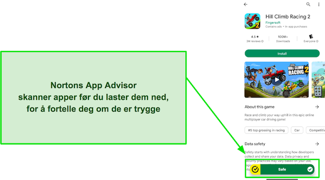 Skjermbilde av Nortons App Advisor som fremhever at en app er trygg