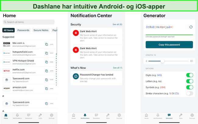 Skjermbilde av Dashlanes mobilapp-grensesnitt